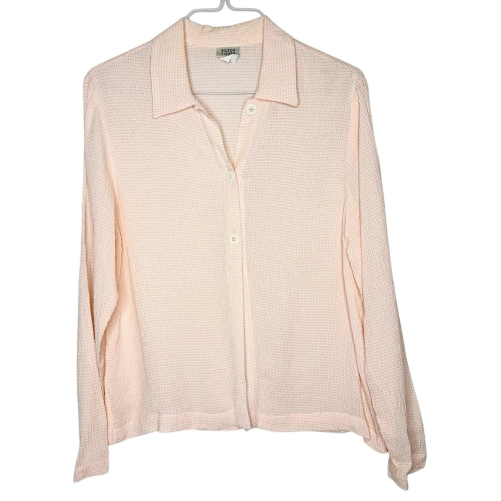 Eileen Fisher Womens Button‎ Down Collar Shirt Textured Weave Coastal Grandma